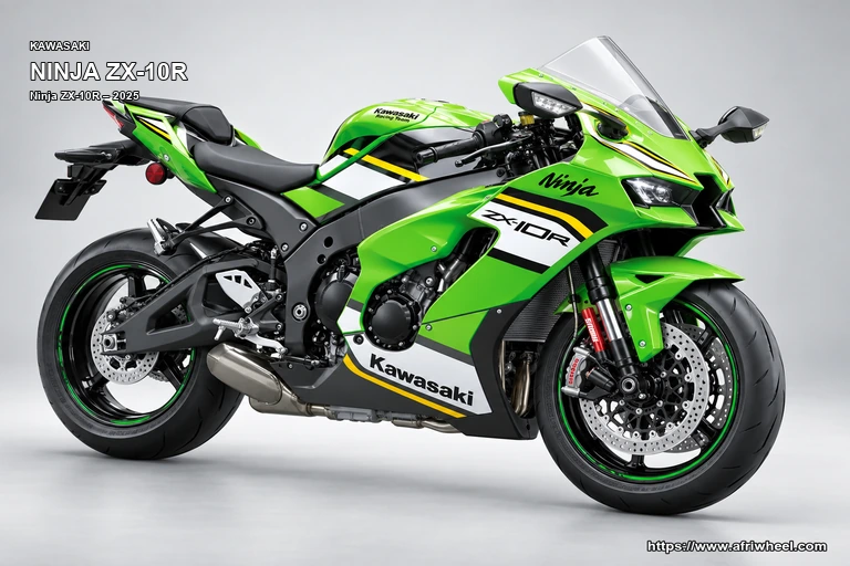 Kawasaki Ninja ZX-10R Lime Green Ebony Pearl Blizzard White hero front three quarter production view