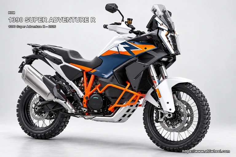 KTM 1390 Super Adventure R White / Blue / Orange hero front three quarter production view