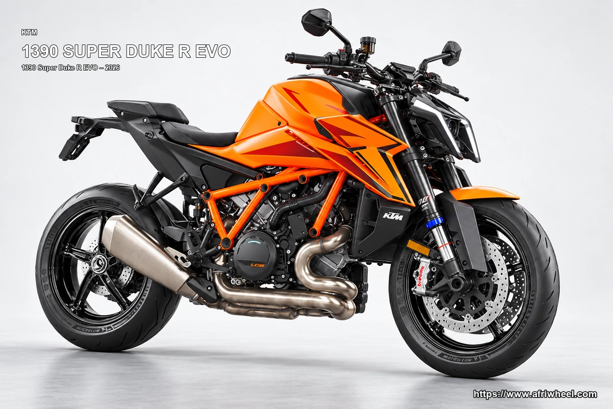 KTM 1390 Super Duke R EVO Orange / Black hero front three quarter production view
