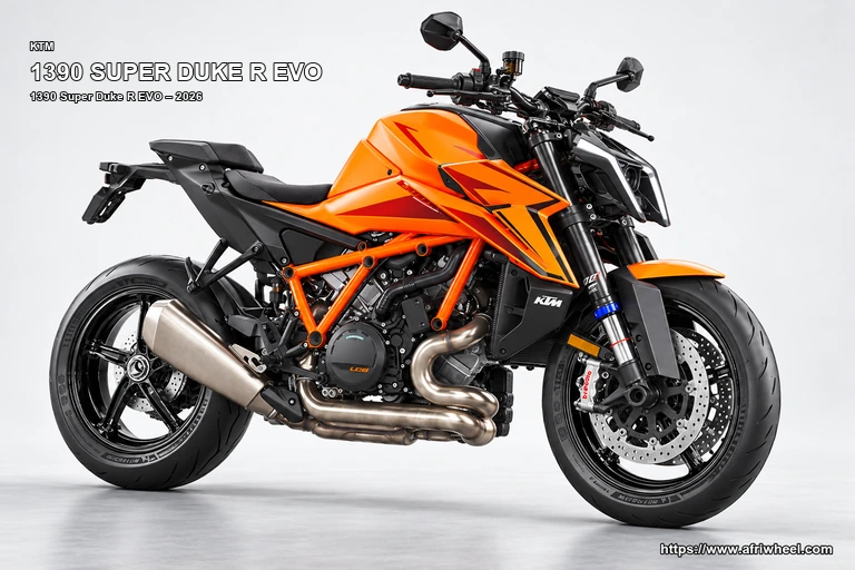 KTM 1390 Super Duke R EVO Orange / Black hero front three quarter production view