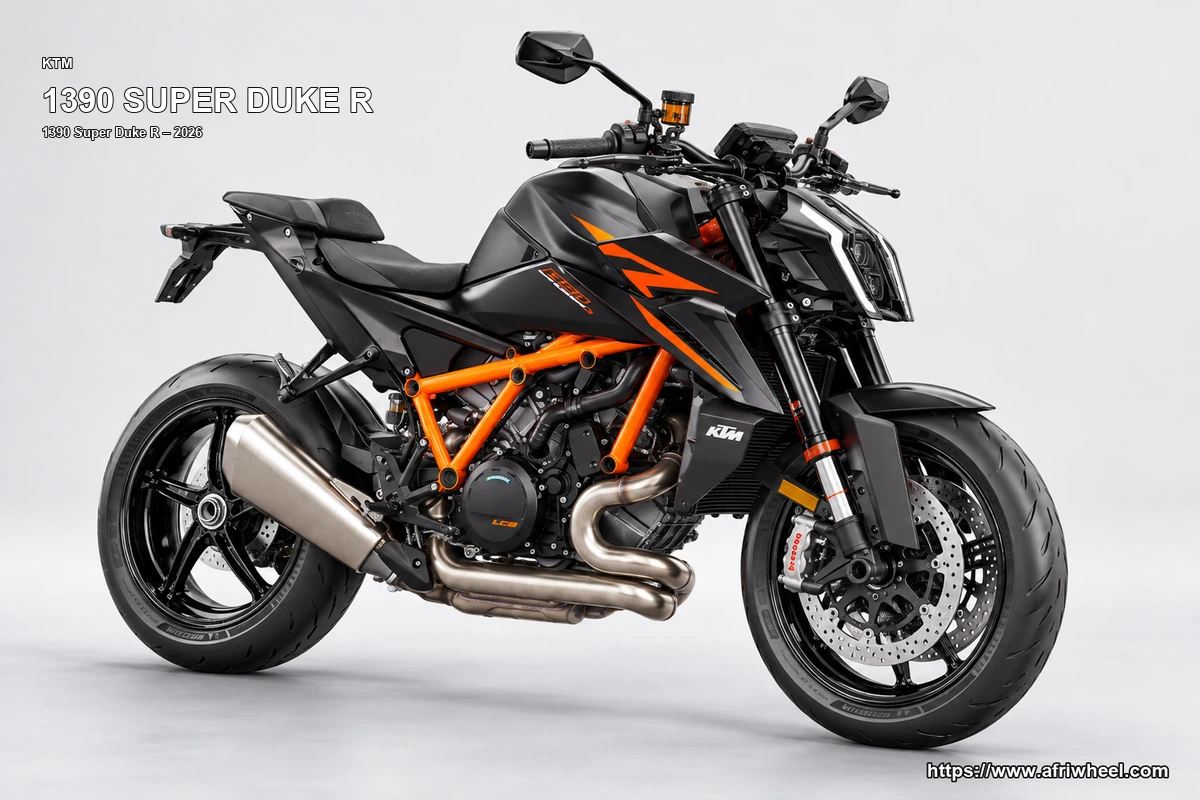 KTM 1390 Super Duke R Black / Orange hero front three quarter production view