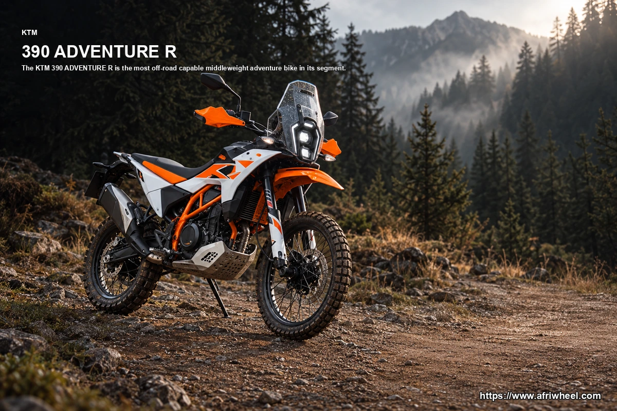 KTM 390 Adventure R White Orange hero front three quarter production view