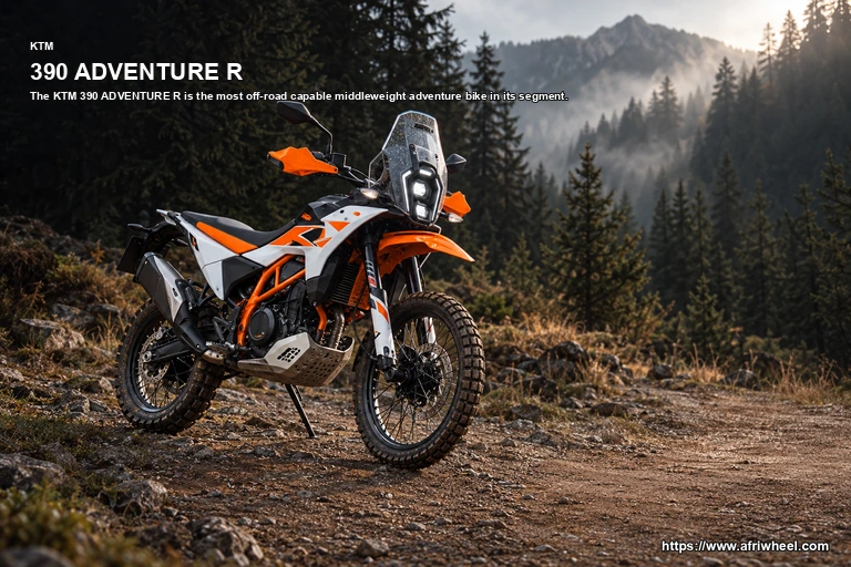 KTM 390 Adventure R White Orange hero front three quarter production view