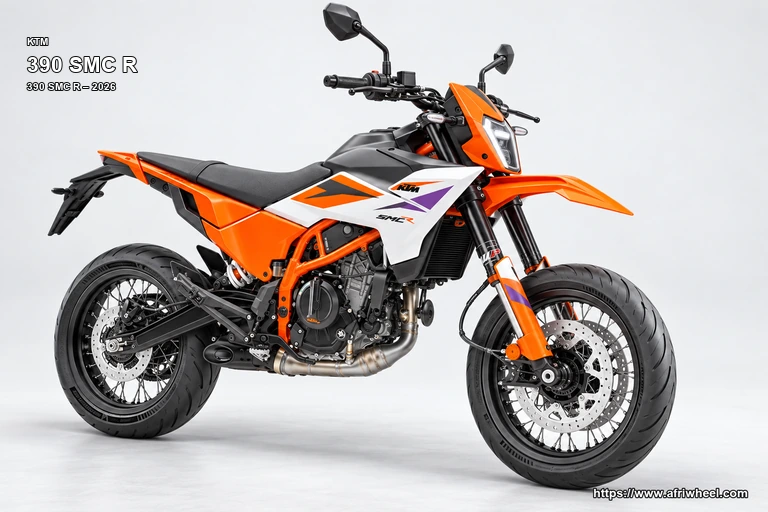 KTM 390 SMC R Orange / White hero front three quarter production view