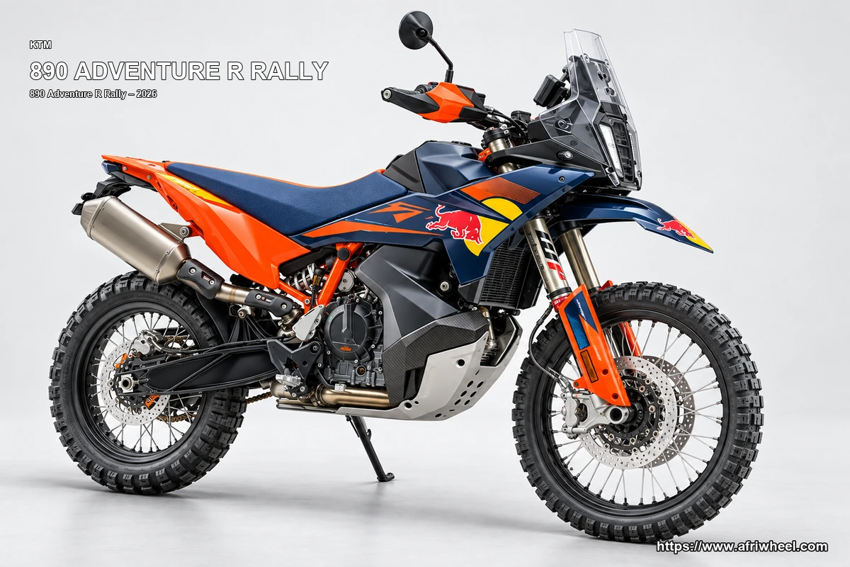 KTM 890 Adventure R Rally Red Bull Racing Blue / Orange hero front three quarter production view