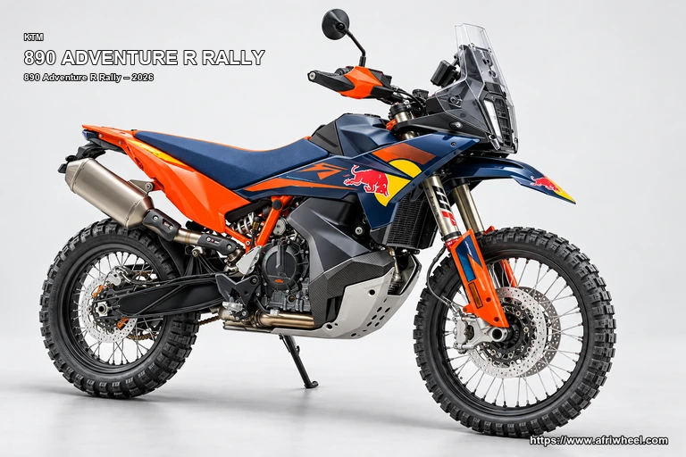 KTM 890 Adventure R Rally Red Bull Racing Blue / Orange hero front three quarter production view