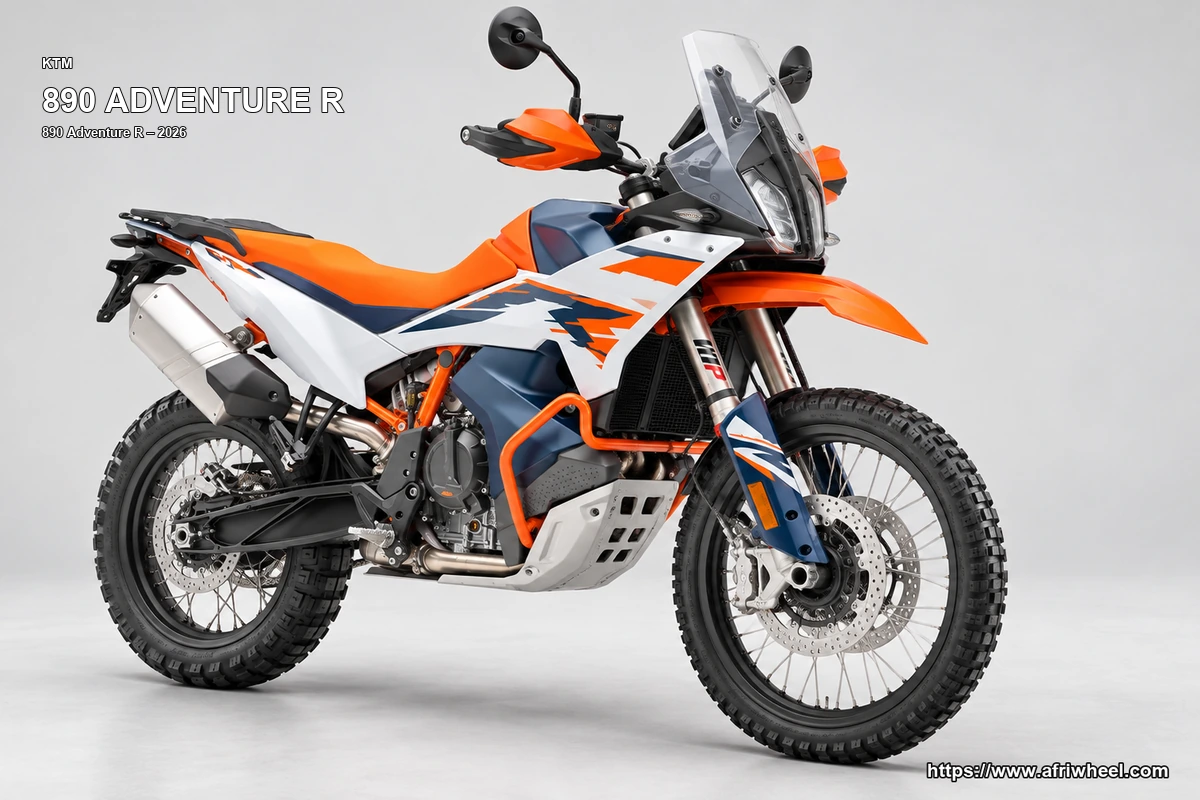 KTM 890 Adventure R White / Orange / Blue hero front three quarter production view