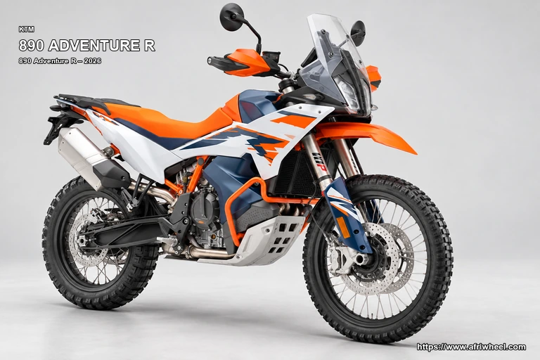 KTM 890 Adventure R White / Orange / Blue hero front three quarter production view