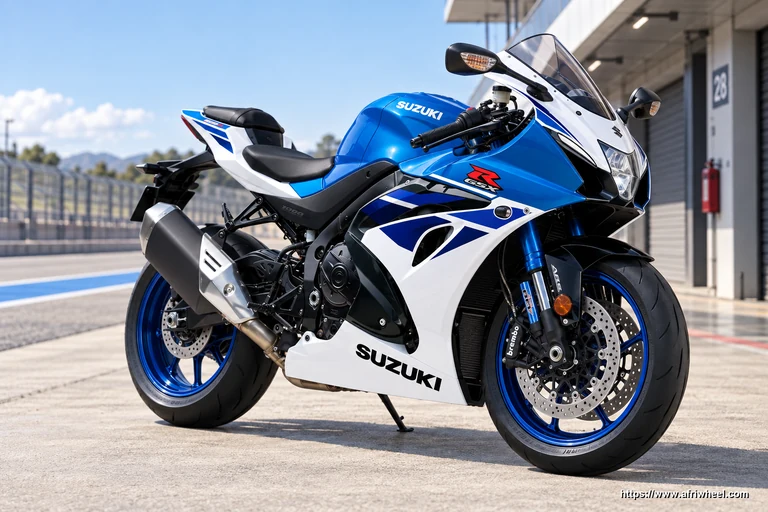 Suzuki GSX-R1000RA in Metallic Triton Blue and Pearl Brilliant White, front three-quarter litre-class supersport hero view