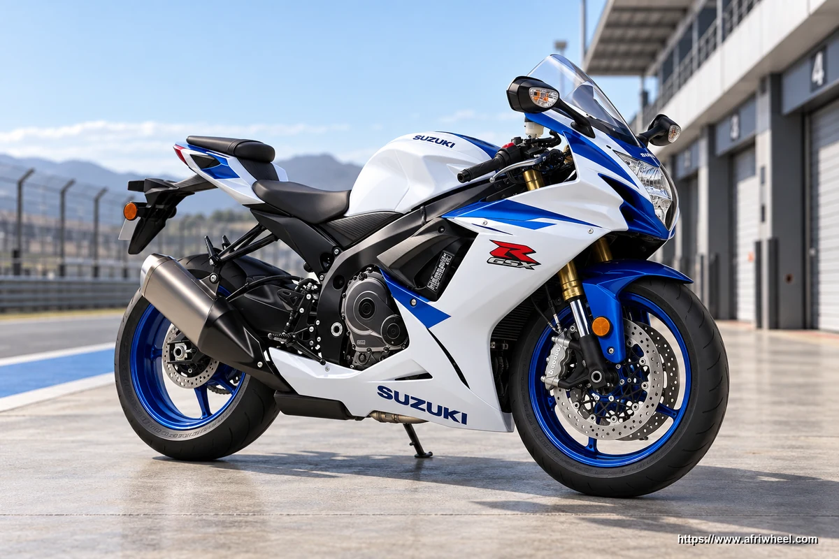 Suzuki GSX-R750 in Pearl Brilliant White and Metallic Triton Blue, front three-quarter supersport view