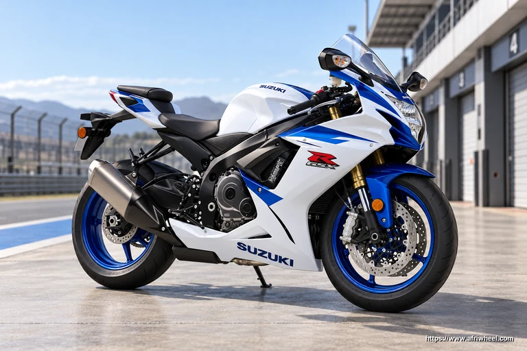 Suzuki GSX-R750 in Pearl Brilliant White and Metallic Triton Blue, front three-quarter supersport view