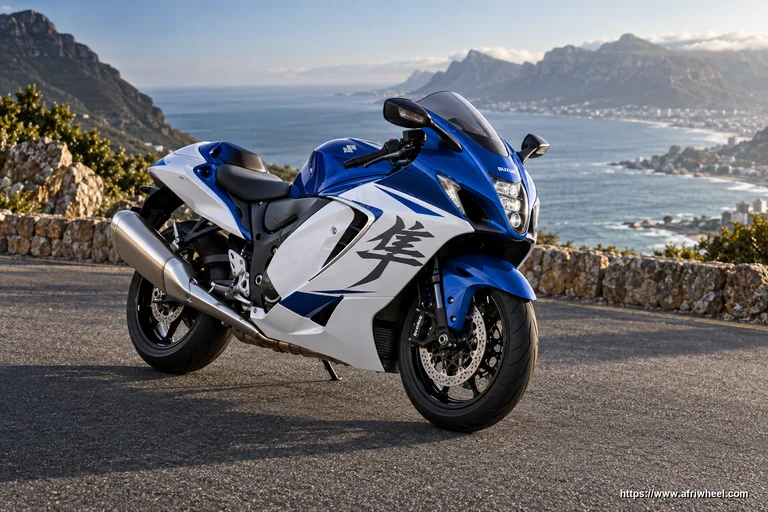 Suzuki Hayabusa in Pearl Vigor Blue and Pearl Brilliant White, front three-quarter sport touring view