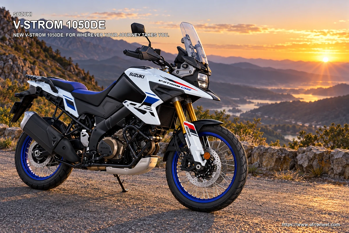 Pearl Tech White Suzuki V-Strom 1050DE hero with wire-spoke wheels on a mountain road