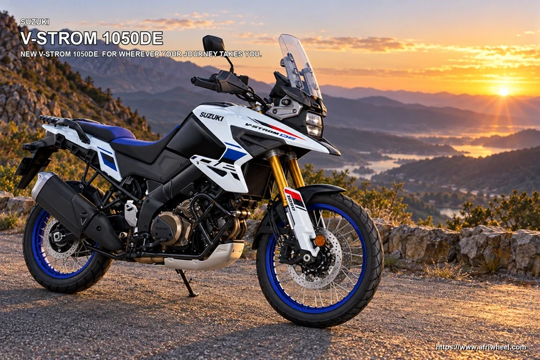 Pearl Tech White Suzuki V-Strom 1050DE hero with wire-spoke wheels on a mountain road