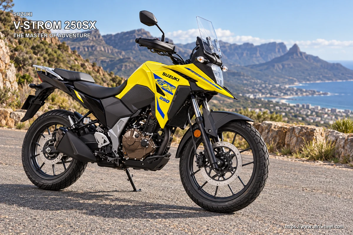 Yellow Suzuki V-Strom 250SX hero with cast wheels on a mountain road