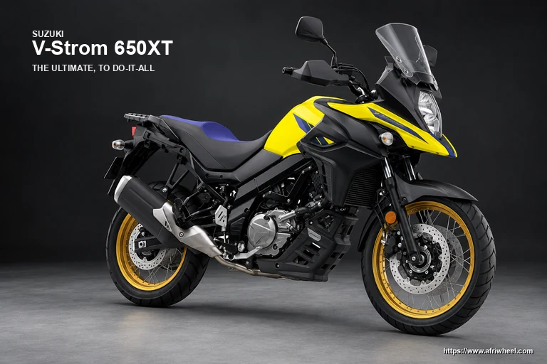 Suzuki V-Strom 650XT in Champion Yellow No.2, front three-quarter adventure view