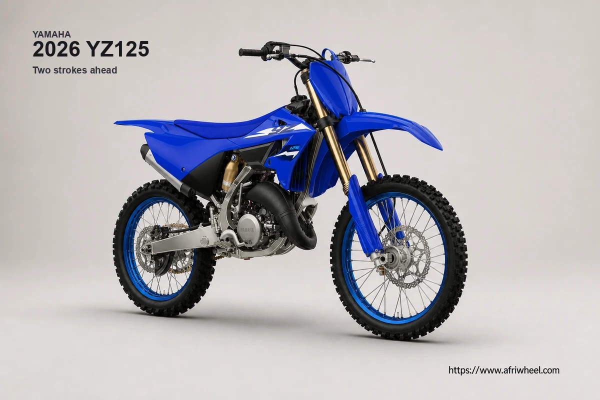 Yamaha 2026 YZ125 in Icon Blue, front three-quarter studio view