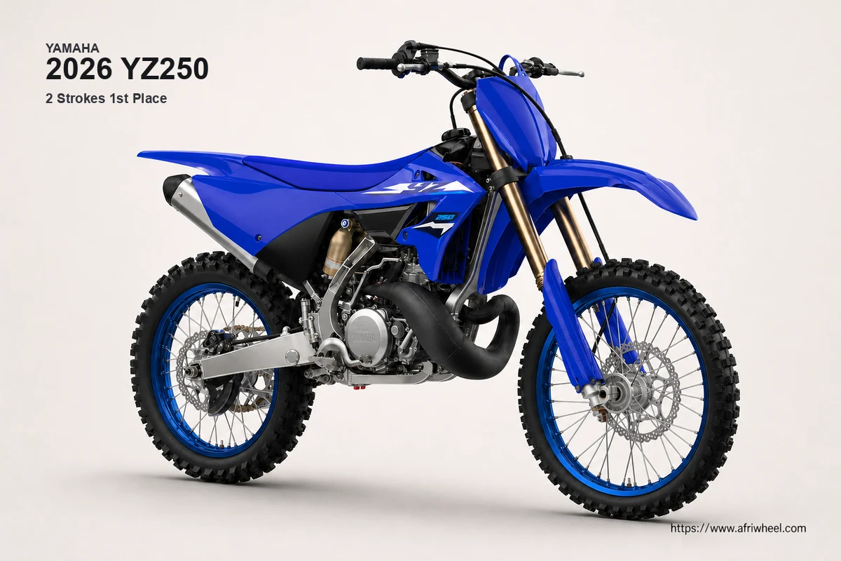 Yamaha 2026 YZ250 in Icon Blue, front three-quarter studio view