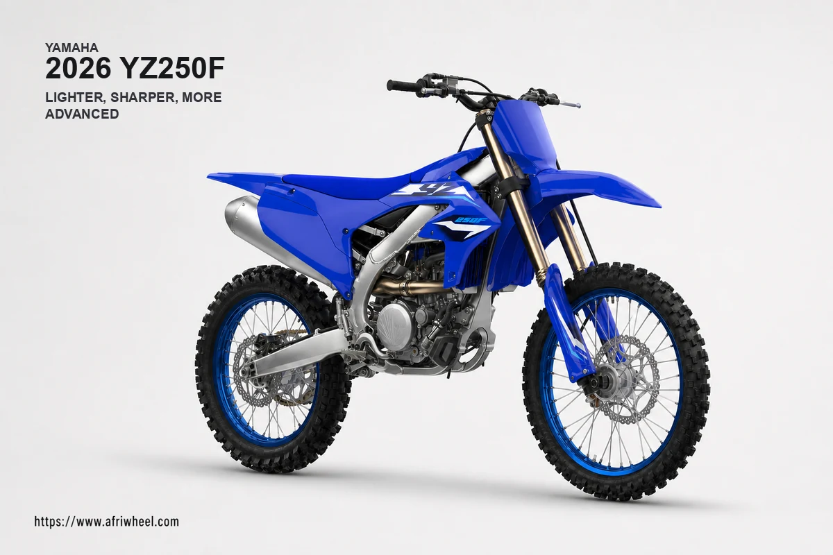Yamaha 2026 YZ250F in Icon Blue, front three-quarter studio view