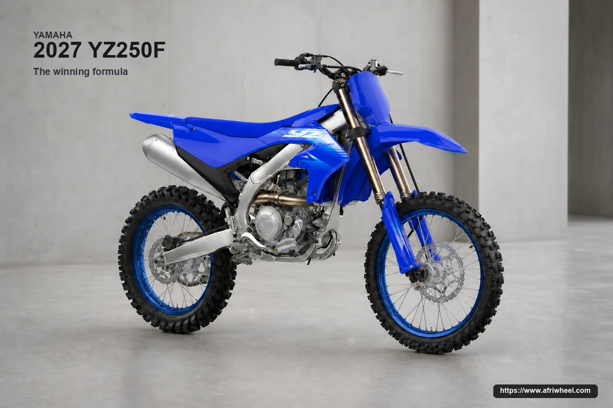 Yamaha 2027 YZ250F in Competition Blue, camera-real front-right three-quarter view