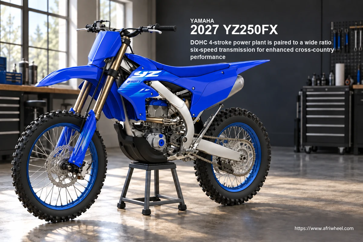 2027 YZ250FX in Team Yamaha Blue, complete front three-quarter competition hero