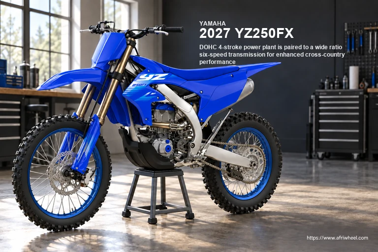 2027 YZ250FX in Team Yamaha Blue, complete front three-quarter competition hero
