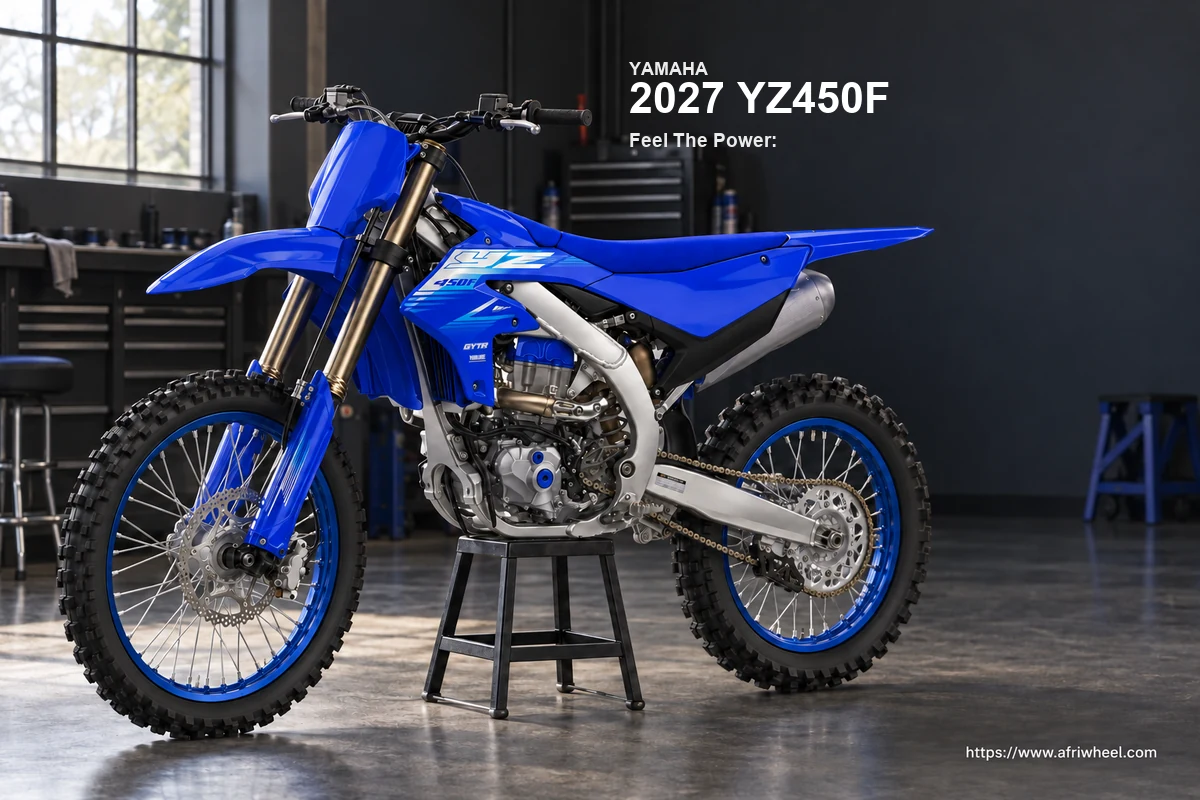 2027 YZ450F in Icon Blue, complete front three-quarter competition hero