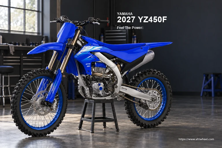 2027 YZ450F in Icon Blue, complete front three-quarter competition hero