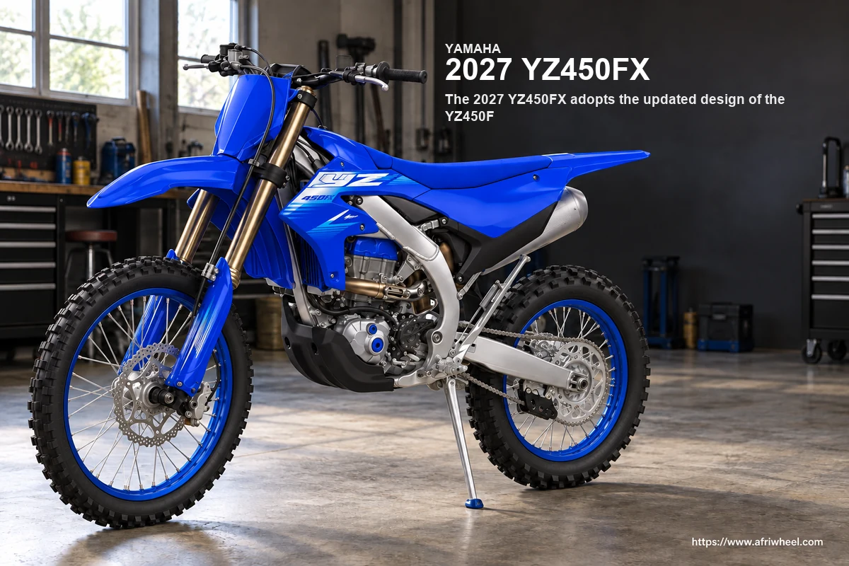 2027 YZ450FX in Team Yamaha Blue, complete front three-quarter competition hero