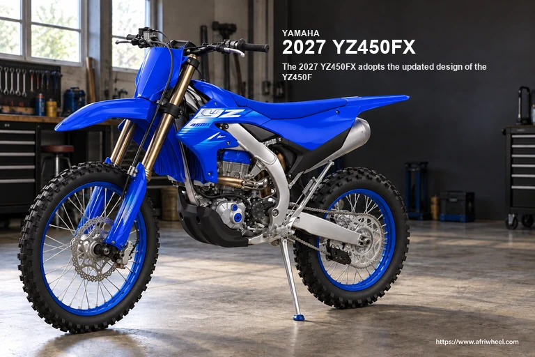 2027 YZ450FX in Team Yamaha Blue, complete front three-quarter competition hero