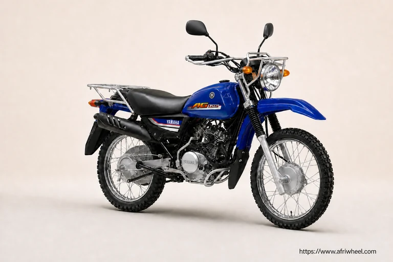 Yamaha AG125 in Blue, front three-quarter view with agricultural carriers