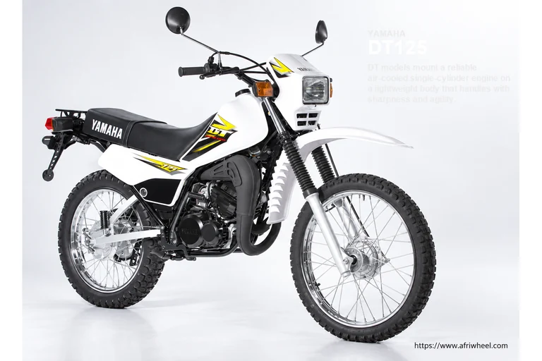 Yamaha DT125 in White, front three-quarter dual-purpose motorcycle hero