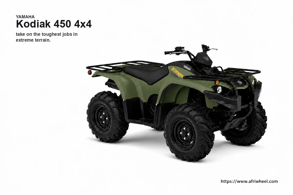 Yamaha Kodiak 450 4x4 in Tactical Green, front three-quarter studio view with steel cargo racks