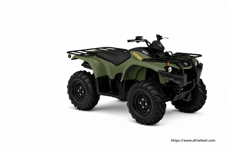 Yamaha Kodiak 450 4x4 in Tactical Green, front three-quarter studio view with steel cargo racks