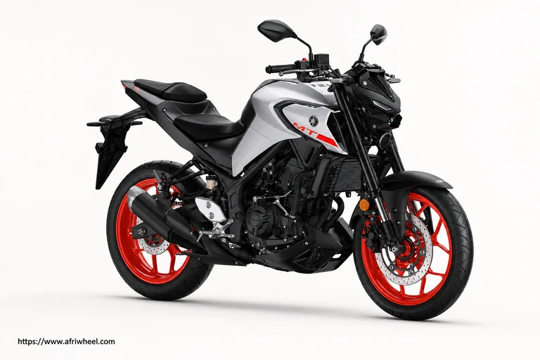 Yamaha MT-03 in Ice Fluo, front three-quarter view with twin LED headlight
