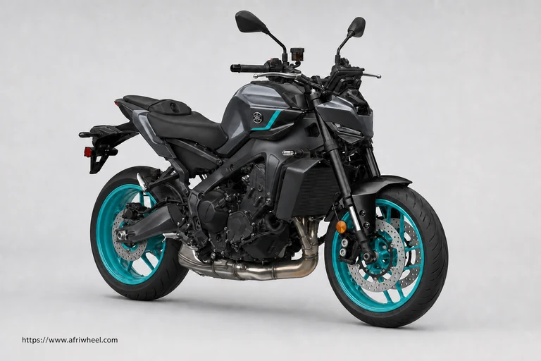 Yamaha MT-09 in Midnight Cyan, front-right three-quarter studio view
