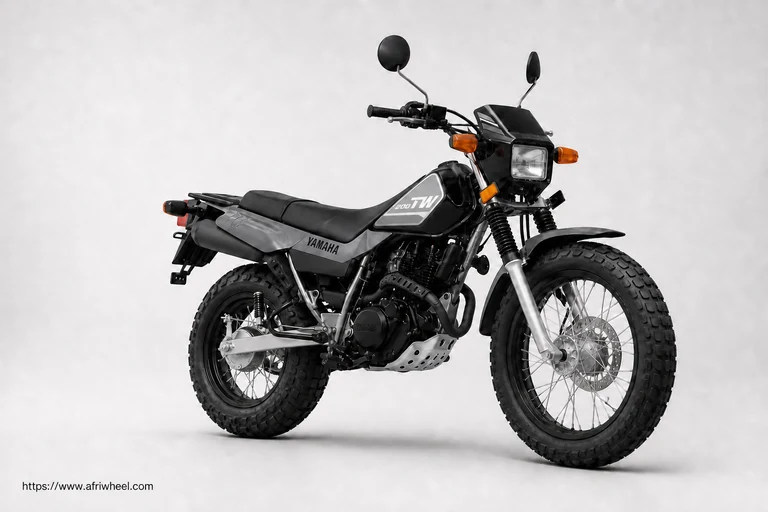 Yamaha TW200 in Sandy Beige, right front three-quarter studio view with fat wire-spoke tyres