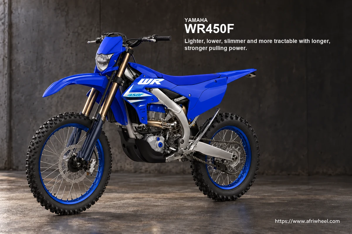 WR450F in Icon Blue, front three-quarter enduro motorcycle hero