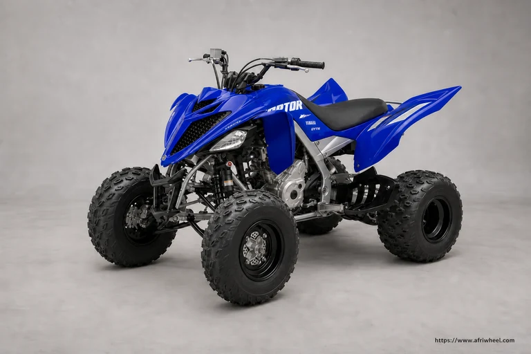 Yamaha 2025 YFM700R Raptor in Yamaha Blue, camera-real front-left three-quarter view