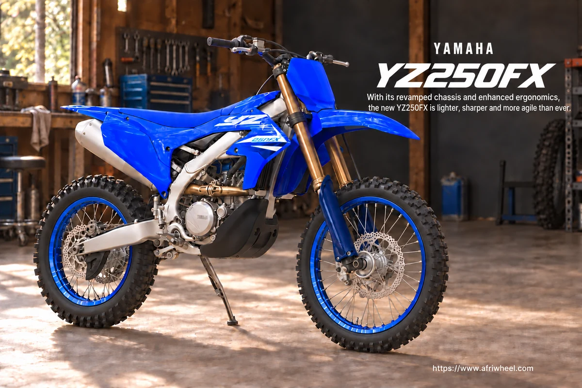 Yamaha YZ250FX in Blue, front-right three-quarter hero with blue wire wheels