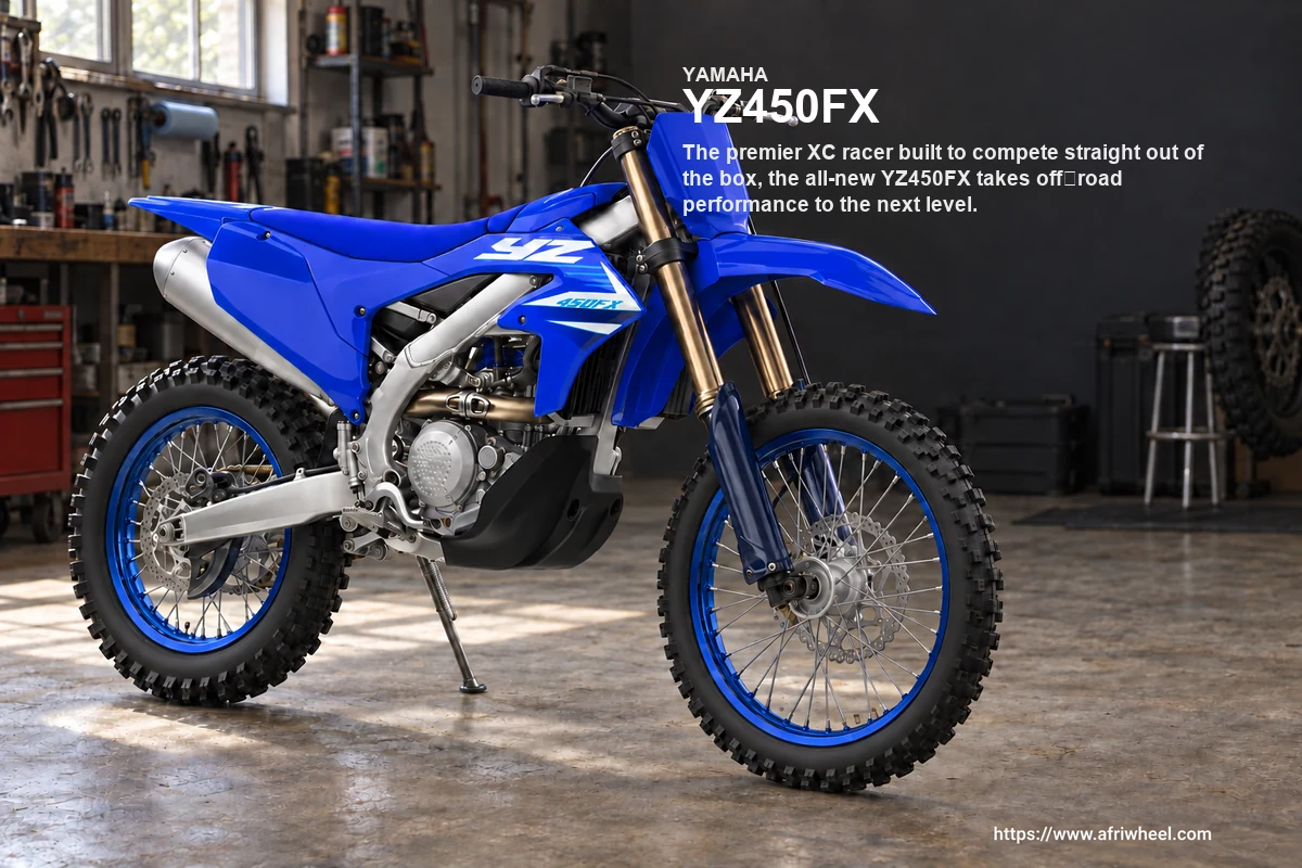 YZ450FX in Team Yamaha Blue, complete front three-quarter competition hero