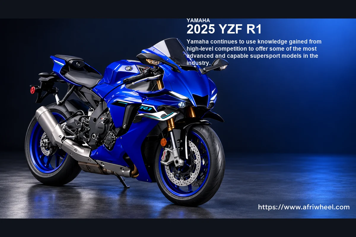 2025 YZF R1 in Icon Blue, front three-quarter supersport motorcycle hero