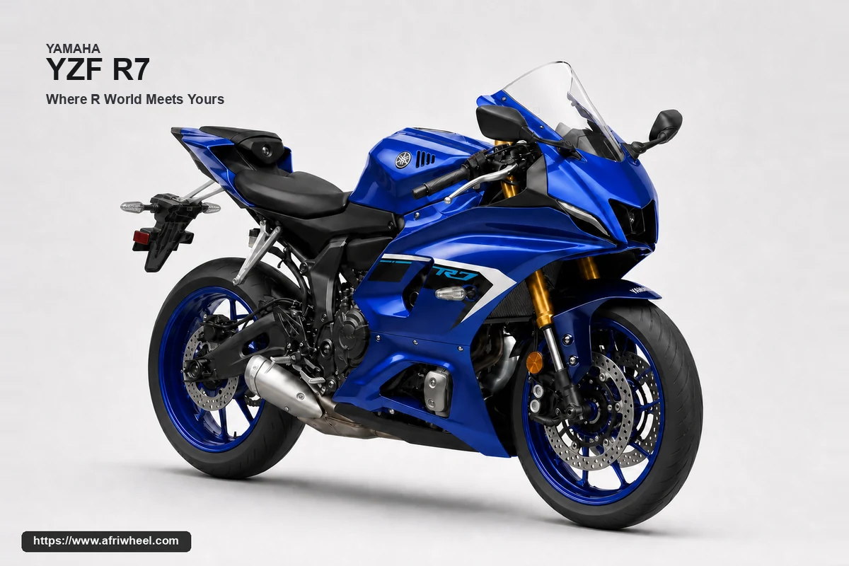 Yamaha YZF R7 in Icon Blue, front three-quarter studio view with blue wheels
