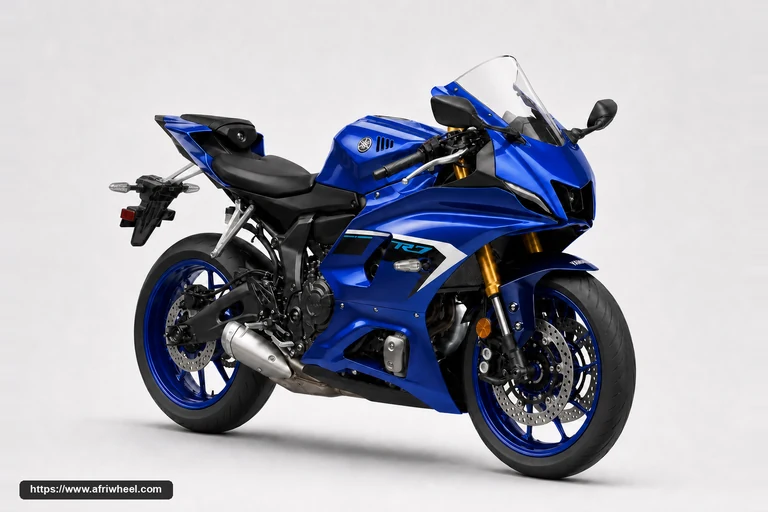 Yamaha YZF R7 in Icon Blue, front three-quarter studio view with blue wheels