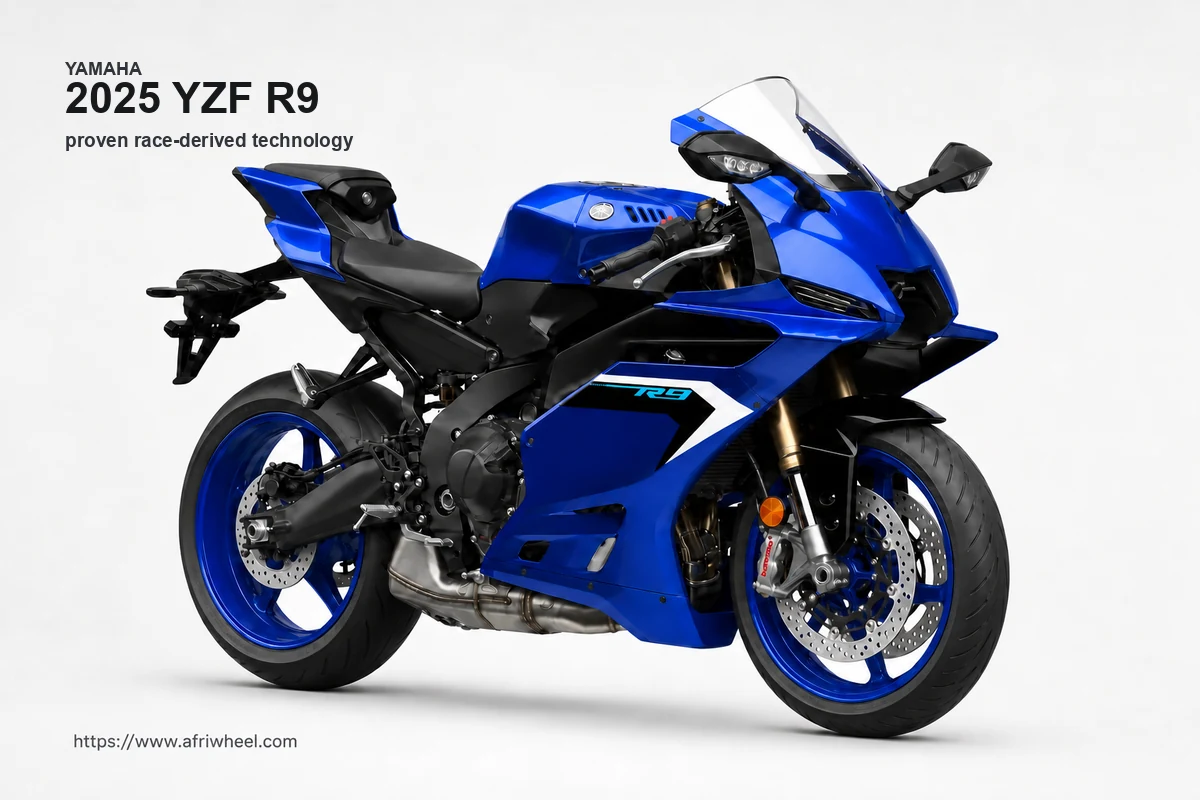 2025 YZF R9 in Icon Blue, front three-quarter view with winglets and five-spoke wheels